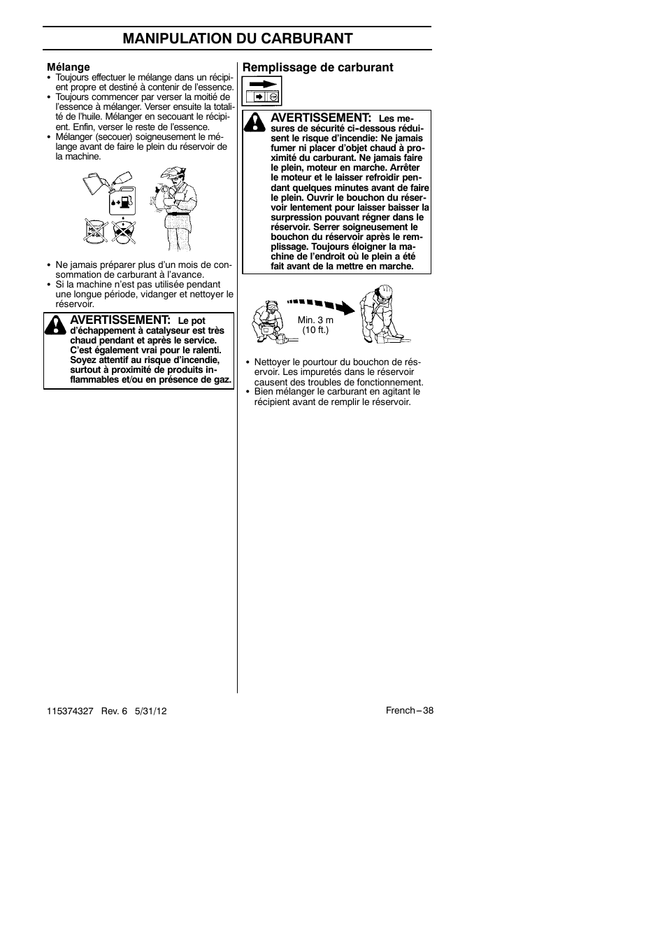 Manipulation du carburant, Avertissement, Remplissage de carburant avertissement | Husqvarna 128LD User Manual | Page 37 / 71
