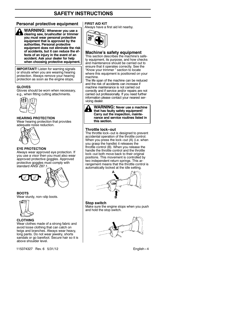 Safety instructions, Personal protective equipment, Machine’s safety equipment | Warning | Husqvarna 128LD User Manual | Page 4 / 71