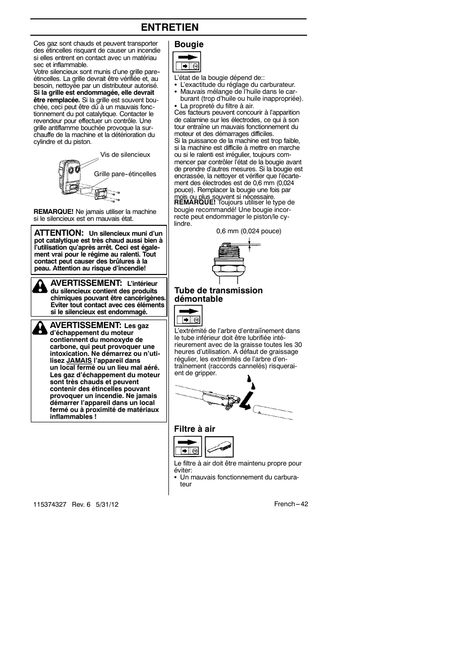 Entretien, Filtre à air, Bougie | Tube de transmission démontable, Avertissement, Attention | Husqvarna 128LD User Manual | Page 41 / 71