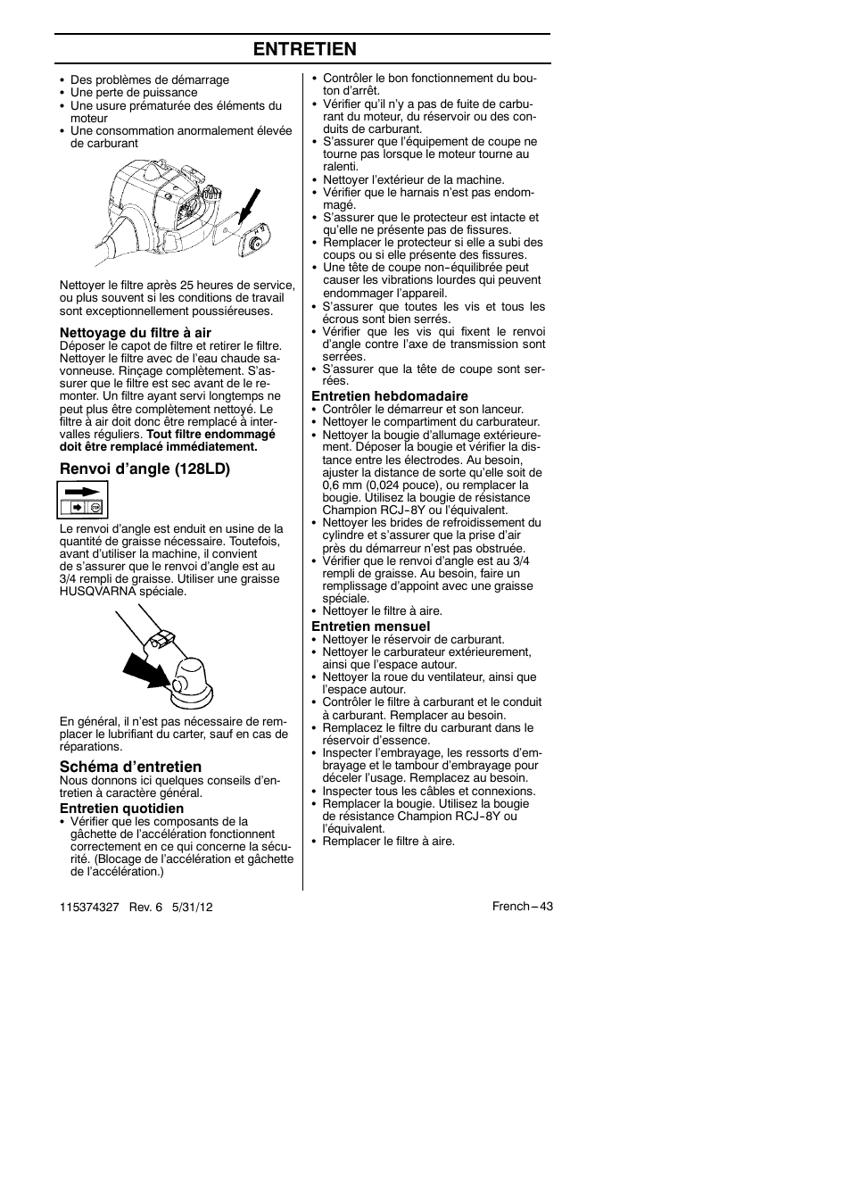 Entretien, Renvoi d’angle (128ld), Schéma d’entretien | Husqvarna 128LD User Manual | Page 42 / 71