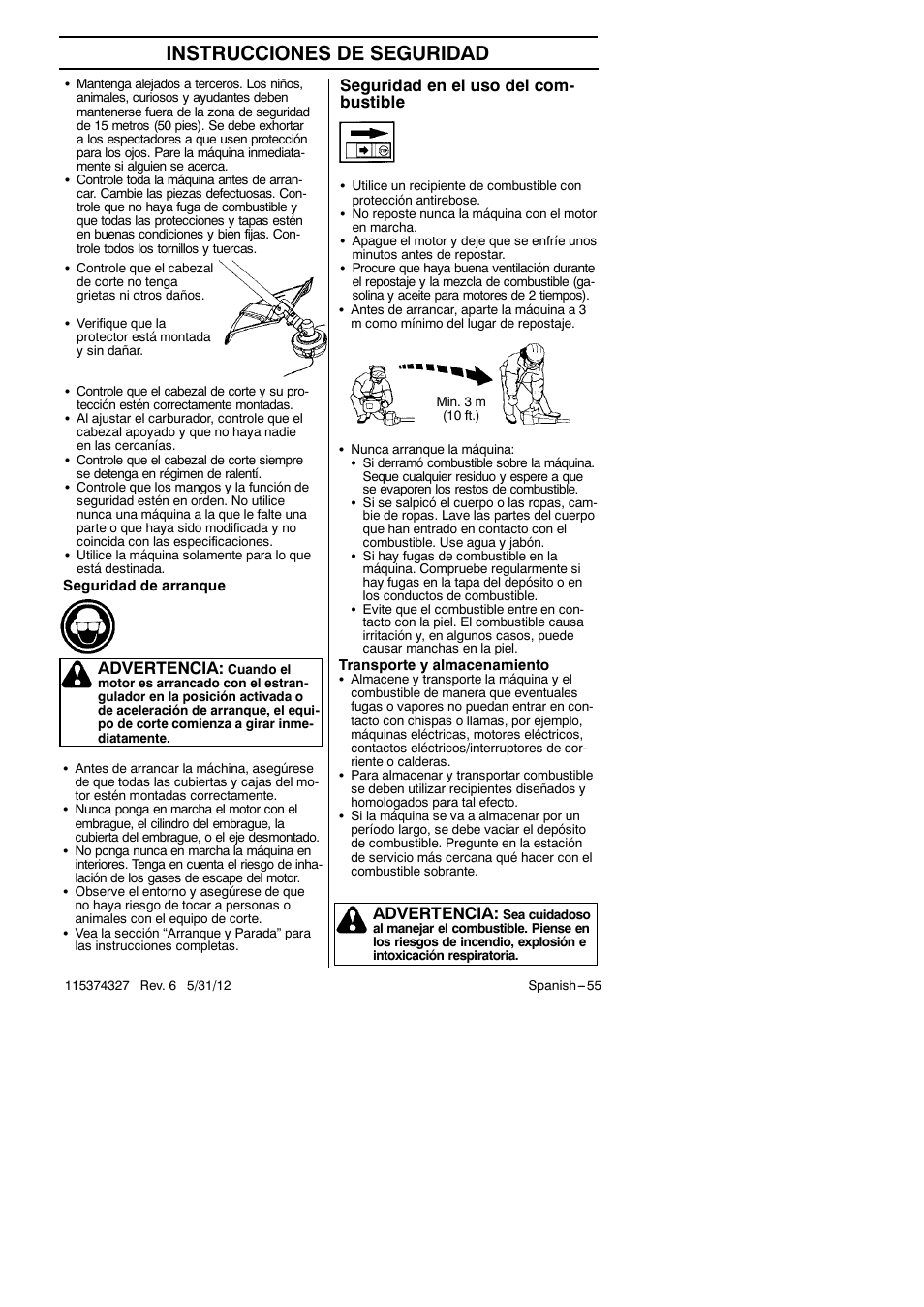 Instrucciones de seguridad, Advertencia, Seguridad en el uso del com- bustible | Husqvarna 128LD User Manual | Page 55 / 71