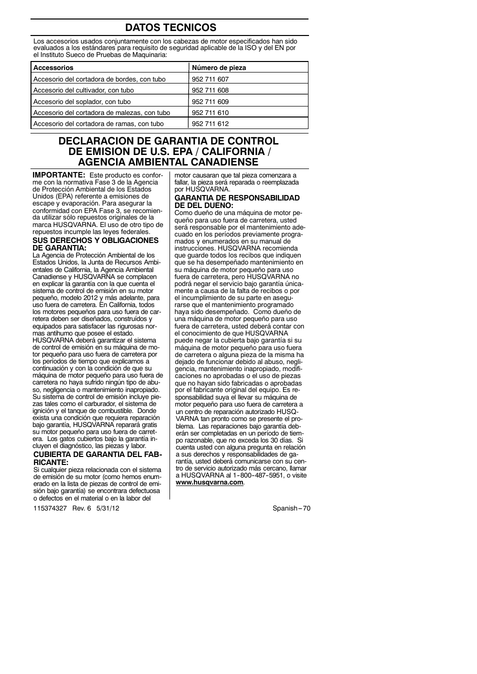 Datos tecnicos | Husqvarna 128LD User Manual | Page 70 / 71