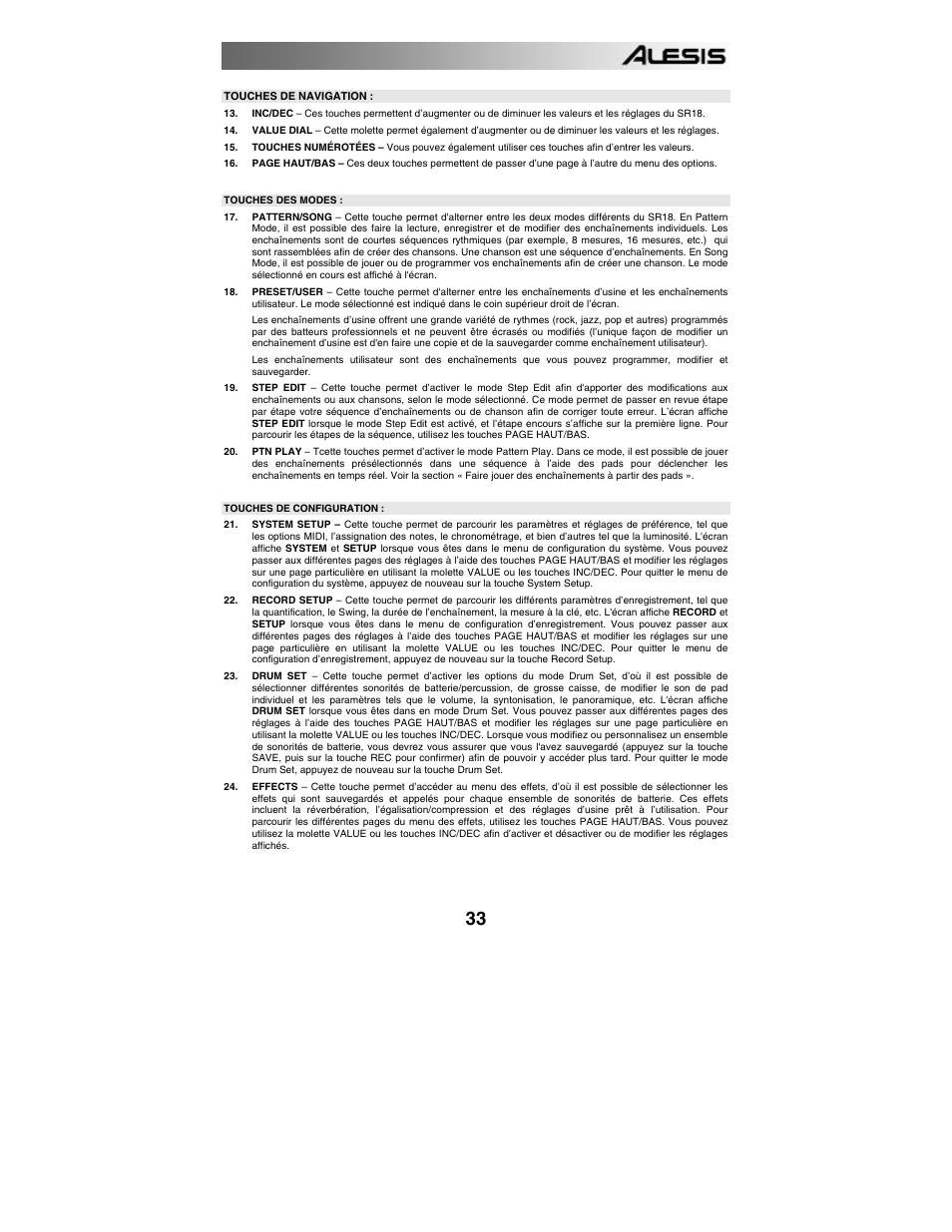 Touches de navigation, Touches des modes, Touches de configuration | Touches de défilement, Utilisation d’enchaînements | ALESIS SR-18 User Manual | Page 36 / 76