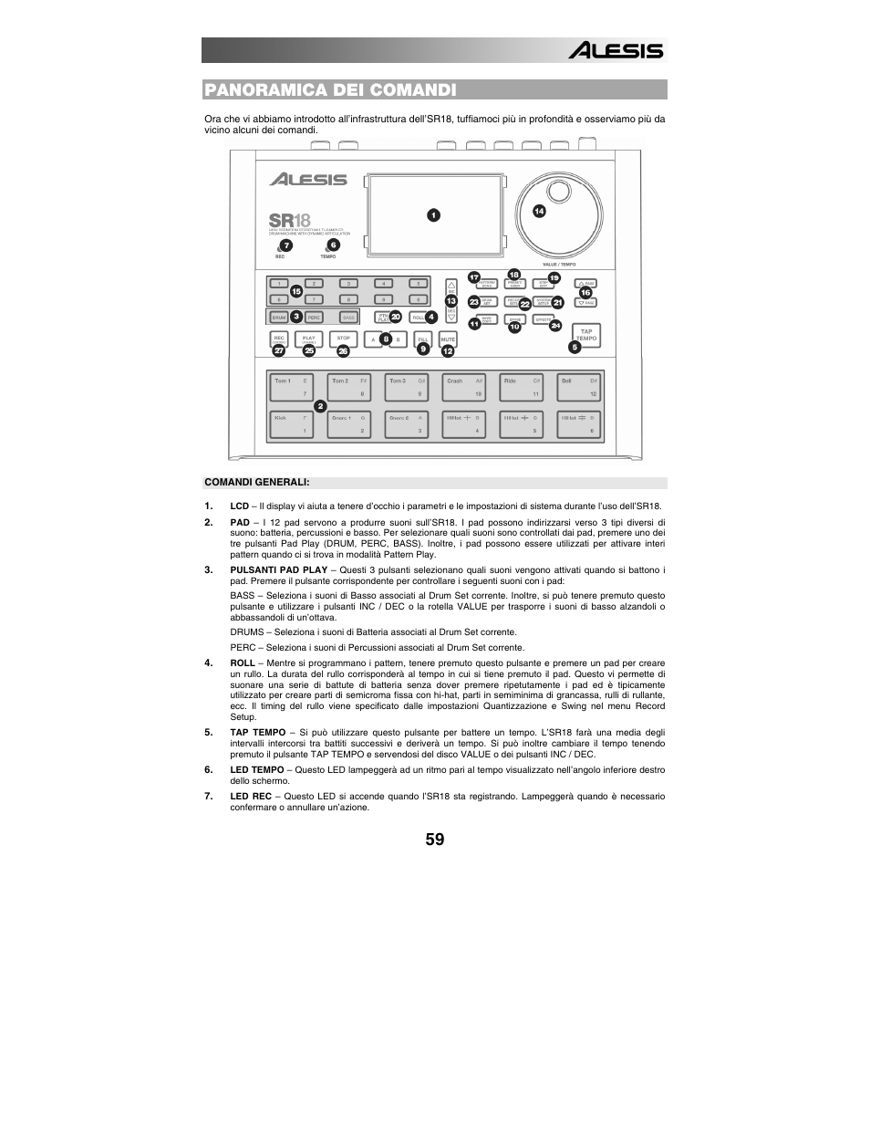 Panoramica dei comandi, Comandi generali, Pulsanti di navigazione | ALESIS SR-18 User Manual | Page 62 / 76