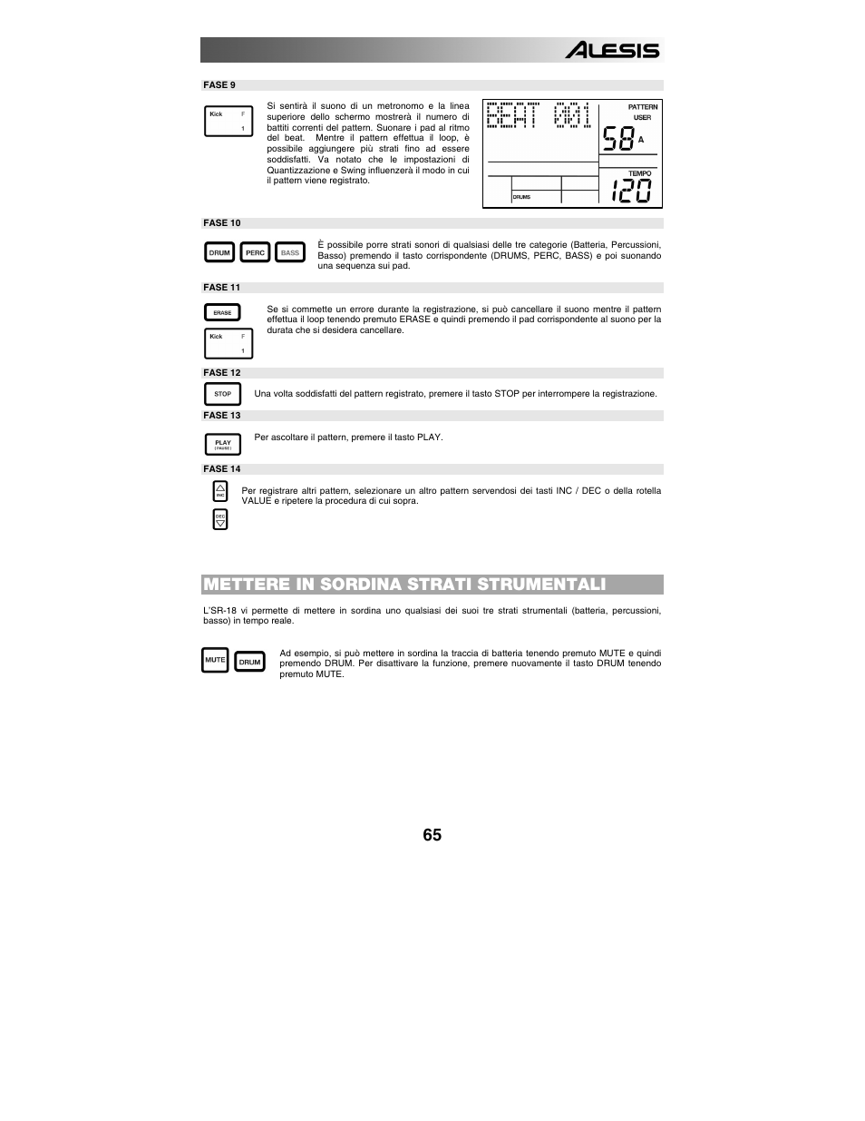 Mettere in sordina strati strumentali, Caricare e creare drum set | ALESIS SR-18 User Manual | Page 68 / 76