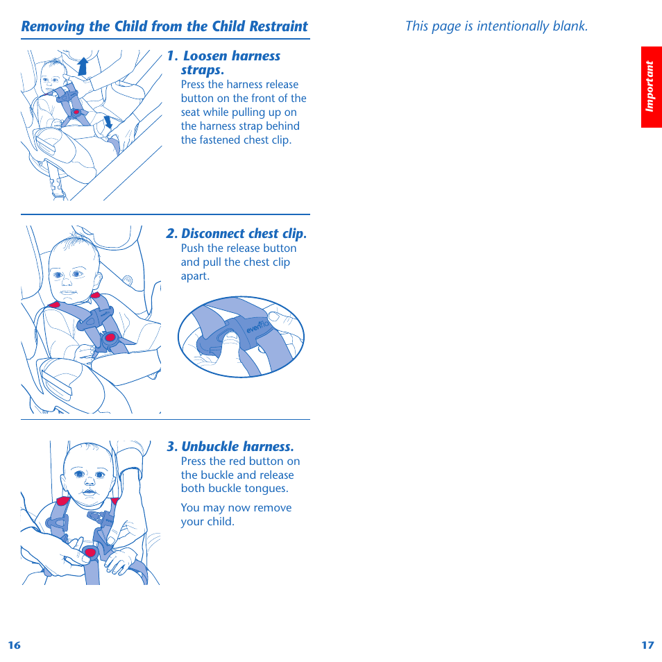 Removing the child from the child restraint, Loosen harness straps, Disconnect chest clip | Unbuckle harness, This page is intentionally blank | Evenflo Symphony 65 User Manual | Page 10 / 35