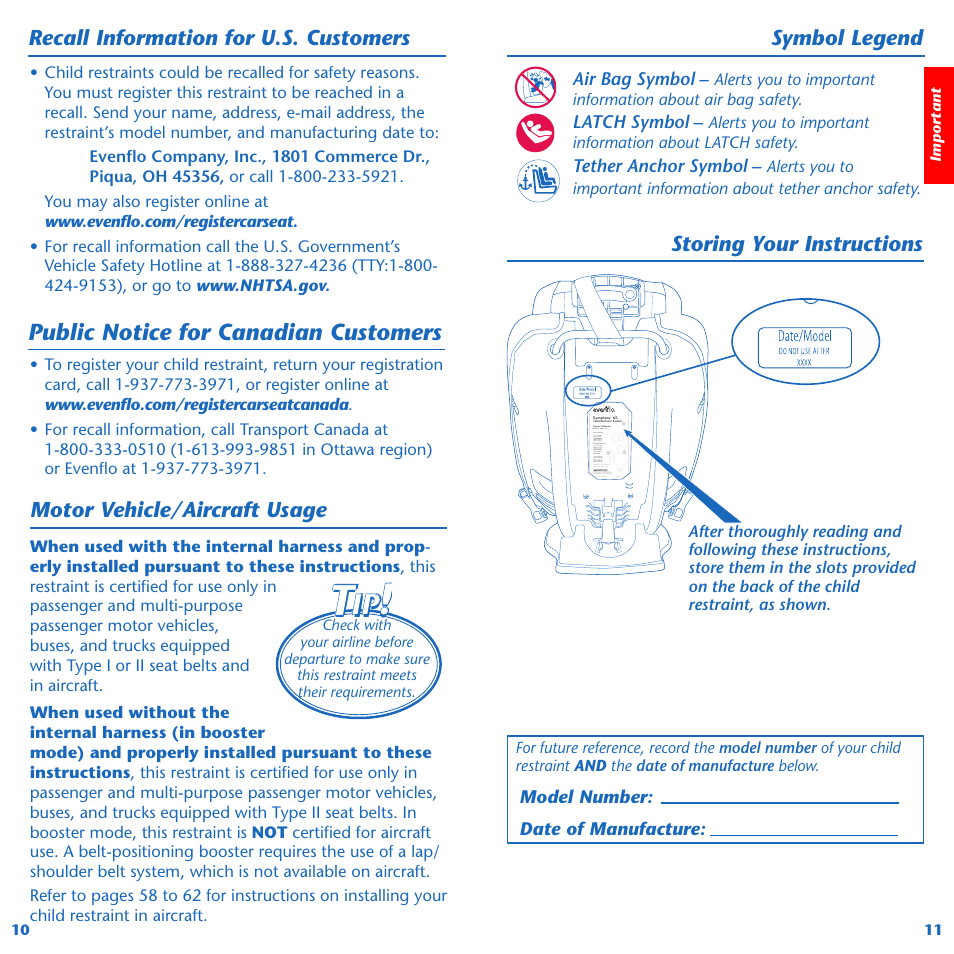 Public notice for canadian customers, Motor vehicle/aircraft usage, Symbol legend | Storing your instructions, Recall information for u.s. customers, Model number, Date of manufacture, Air bag symbol, Latch symbol, Tether anchor symbol | Evenflo Symphony 65 User Manual | Page 7 / 35