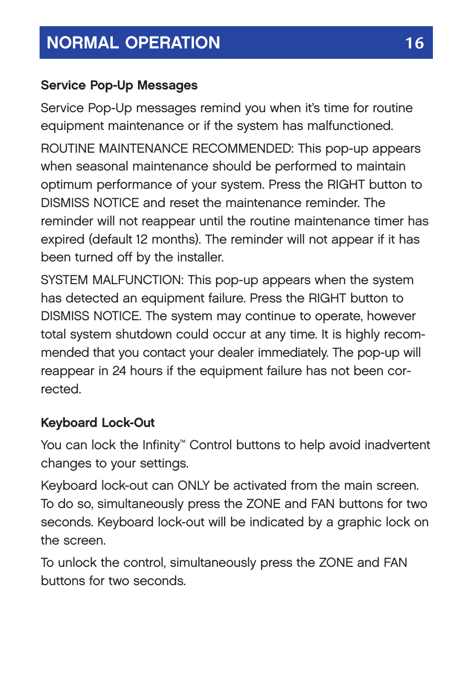 Normal operation 16 | Carrier  Infinity SYSTXCCUID01-V User Manual | Page 19 / 43
