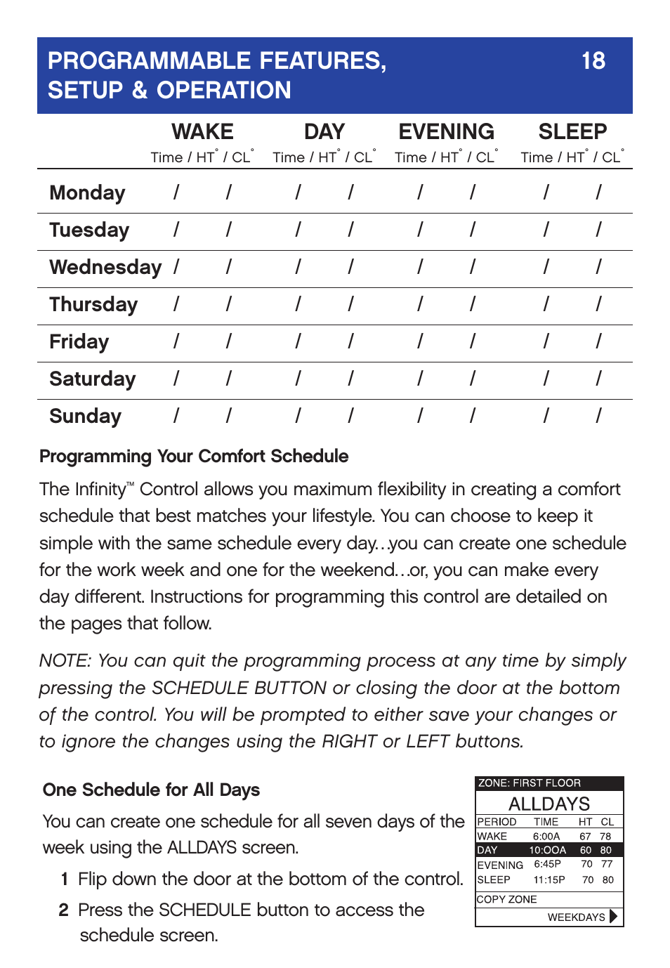 Programmable features, 18 setup & operation, Wake day evening sleep | Carrier  Infinity SYSTXCCUID01-V User Manual | Page 21 / 43