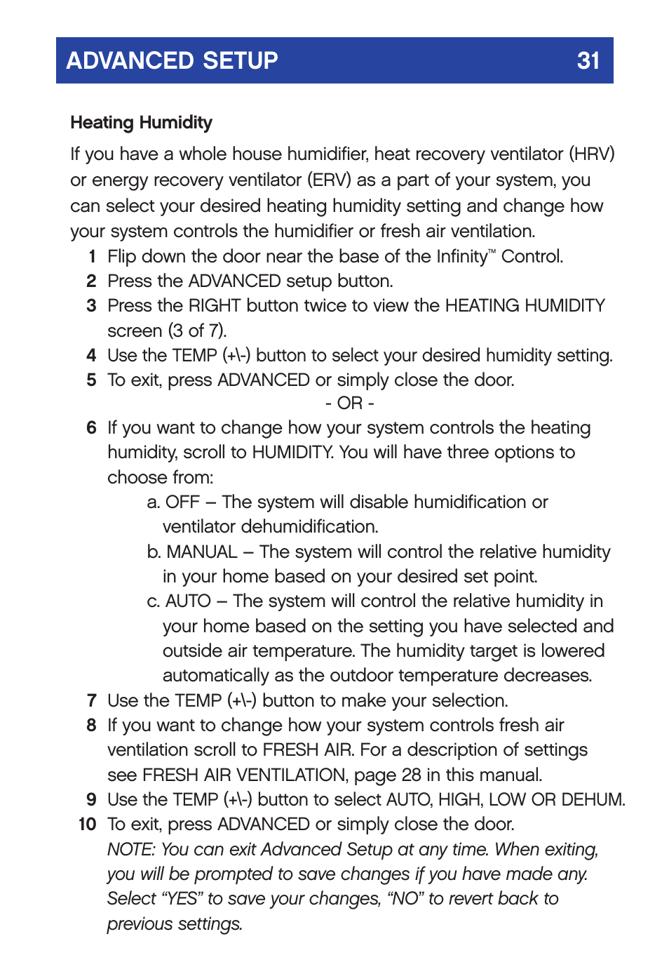 Advanced setup 31 | Carrier  Infinity SYSTXCCUID01-V User Manual | Page 34 / 43