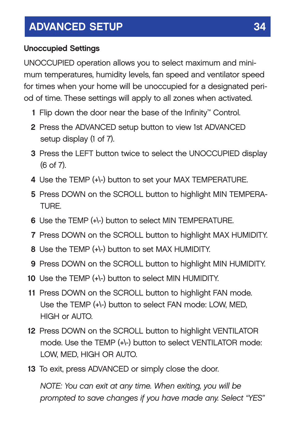 Advanced setup 34 | Carrier  Infinity SYSTXCCUID01-V User Manual | Page 37 / 43