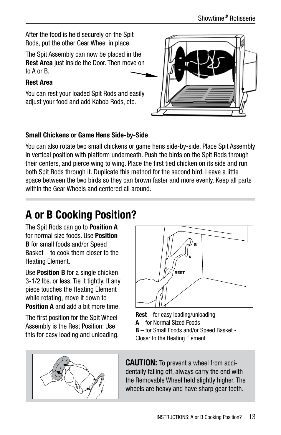 A or b cooking position, Caution | Ronco 6000 Series Standard Stainless Rotisserie Oven User Manual | Page 13 / 32