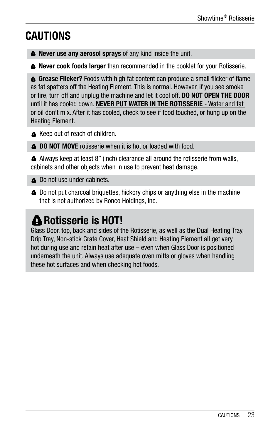 Cautions rotisserie is hot | Ronco 6000 Series Standard Stainless Rotisserie Oven User Manual | Page 23 / 32