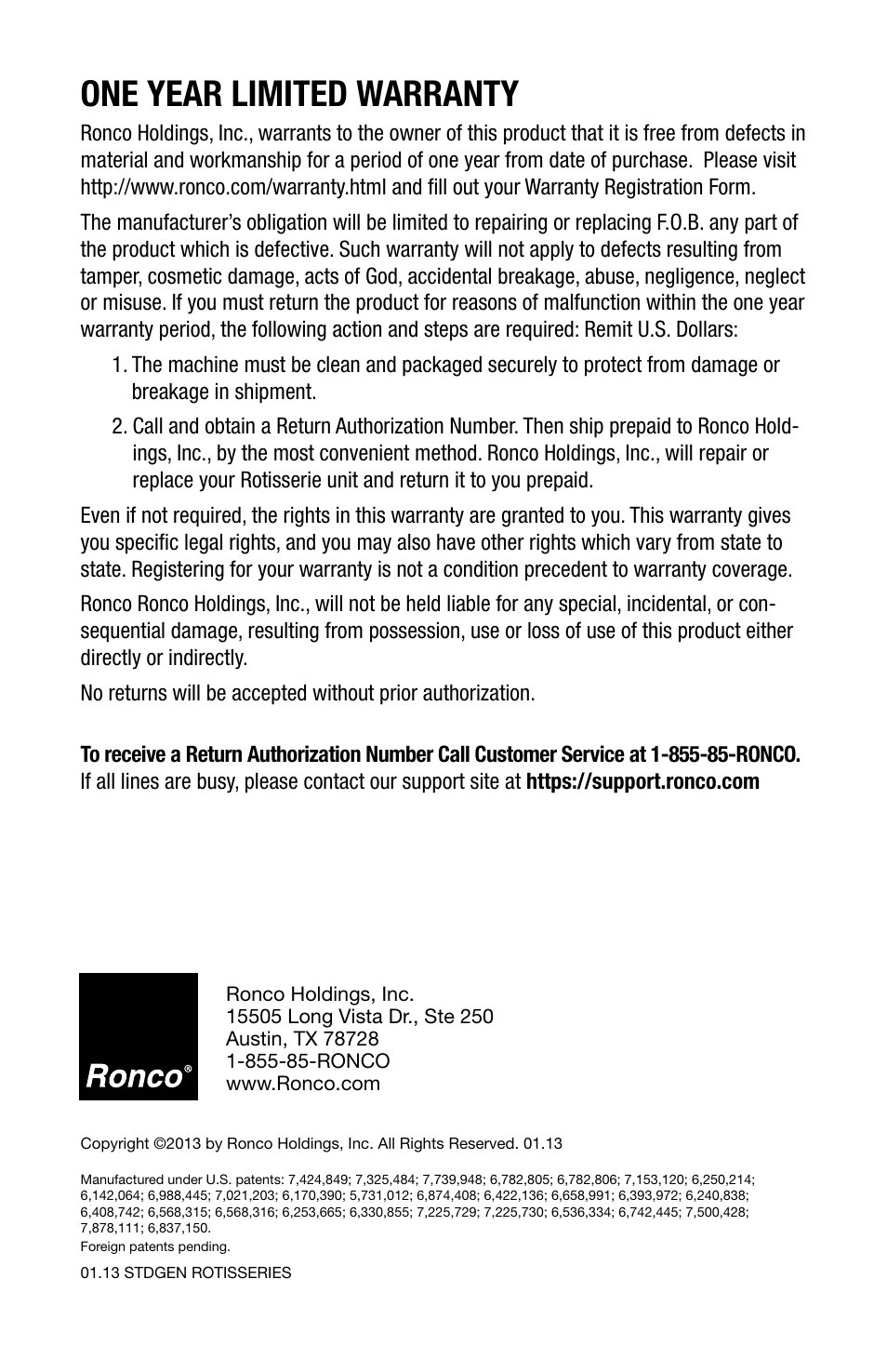 One year limited warranty | Ronco 6000 Series Standard Stainless Rotisserie Oven User Manual | Page 32 / 32