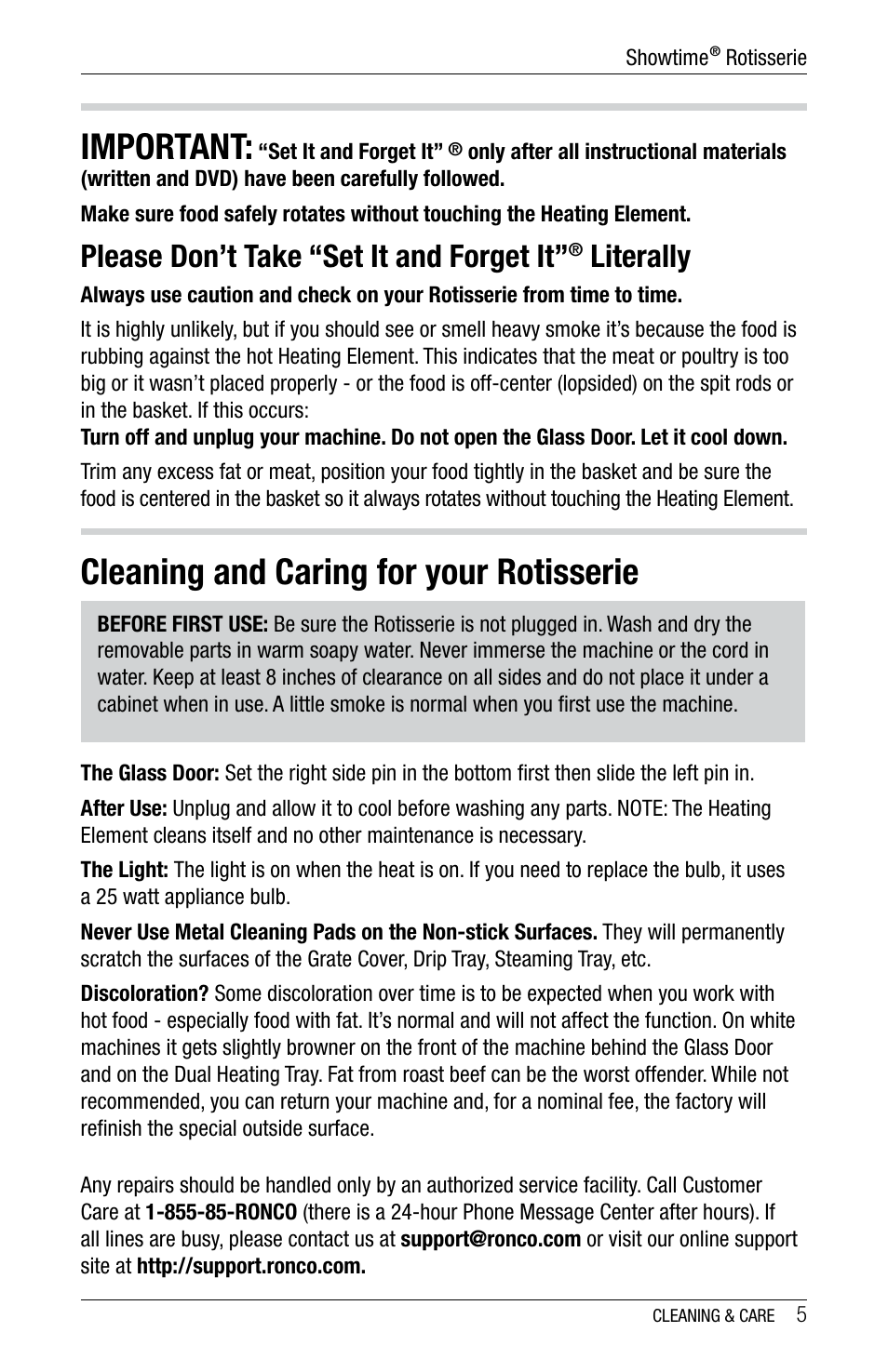 Important, Cleaning and caring for your rotisserie, Please don’t take “set it and forget it | Literally | Ronco 6000 Series Standard Stainless Rotisserie Oven User Manual | Page 5 / 32