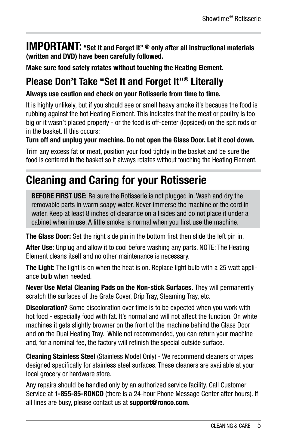 Important, Cleaning and caring for your rotisserie, Please don’t take “set it and forget it | Literally | Ronco 5500 Series Stainless Rotisserie Oven User Manual | Page 5 / 32