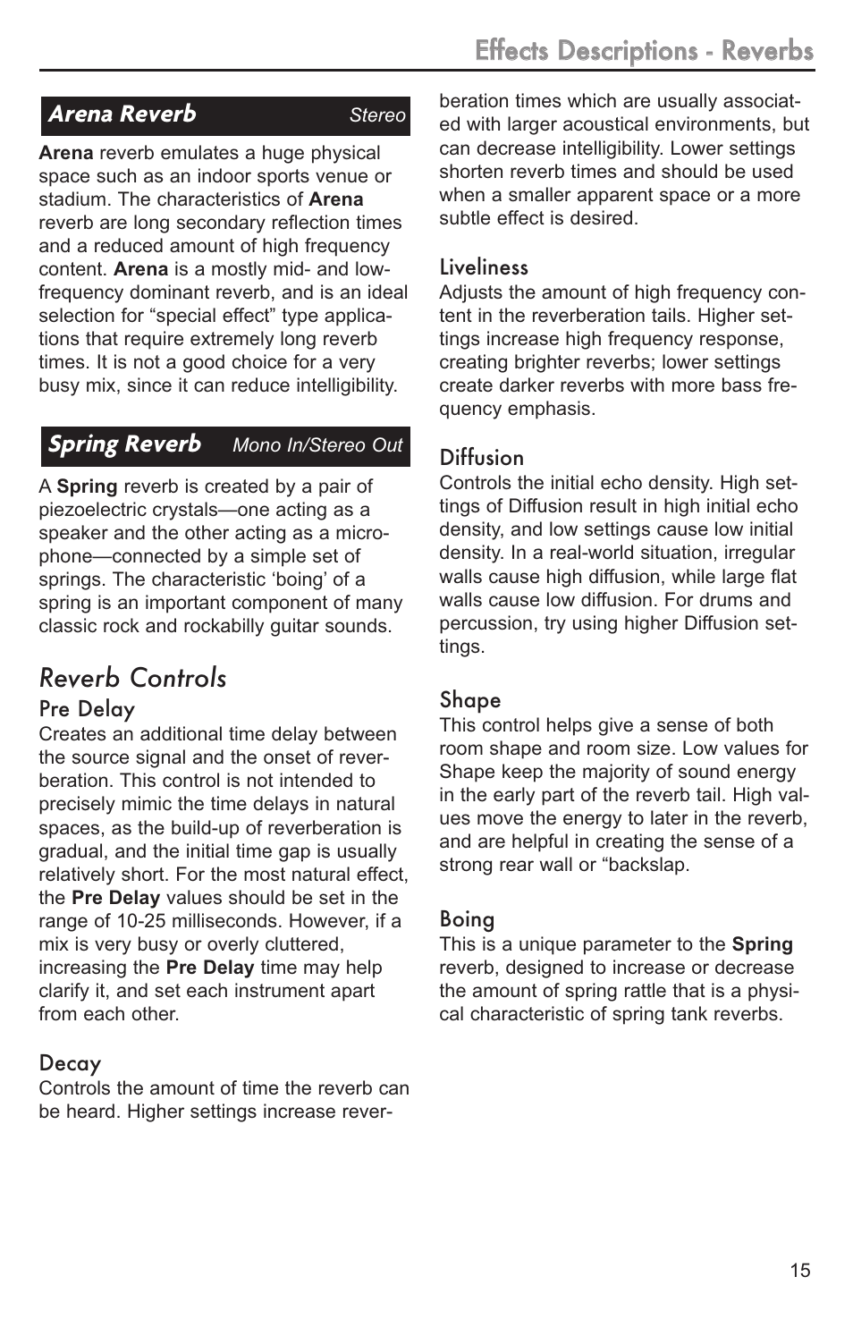 Spring reverb, Arena reverb, Reverb controls | Lexicon MX200 User Manual | Page 21 / 48
