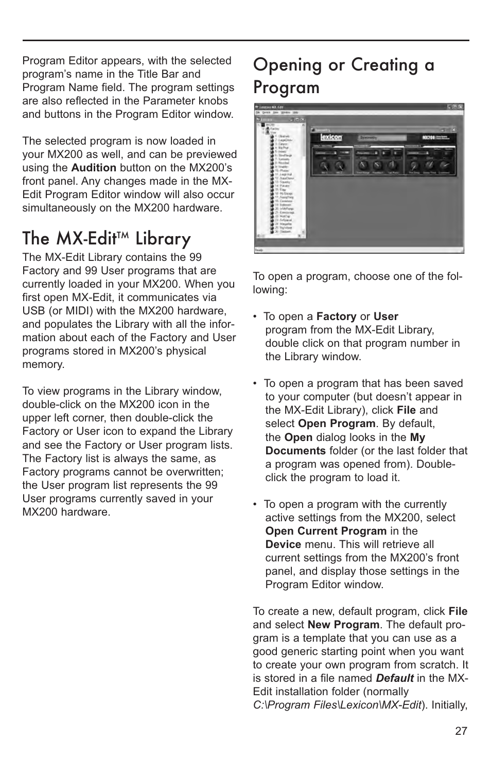 The mx-edit program edito, Editing a progra, The mx-edit program editor | Editing a program, The mx-edit, Library, Opening or creating a program | Lexicon MX200 User Manual | Page 33 / 48
