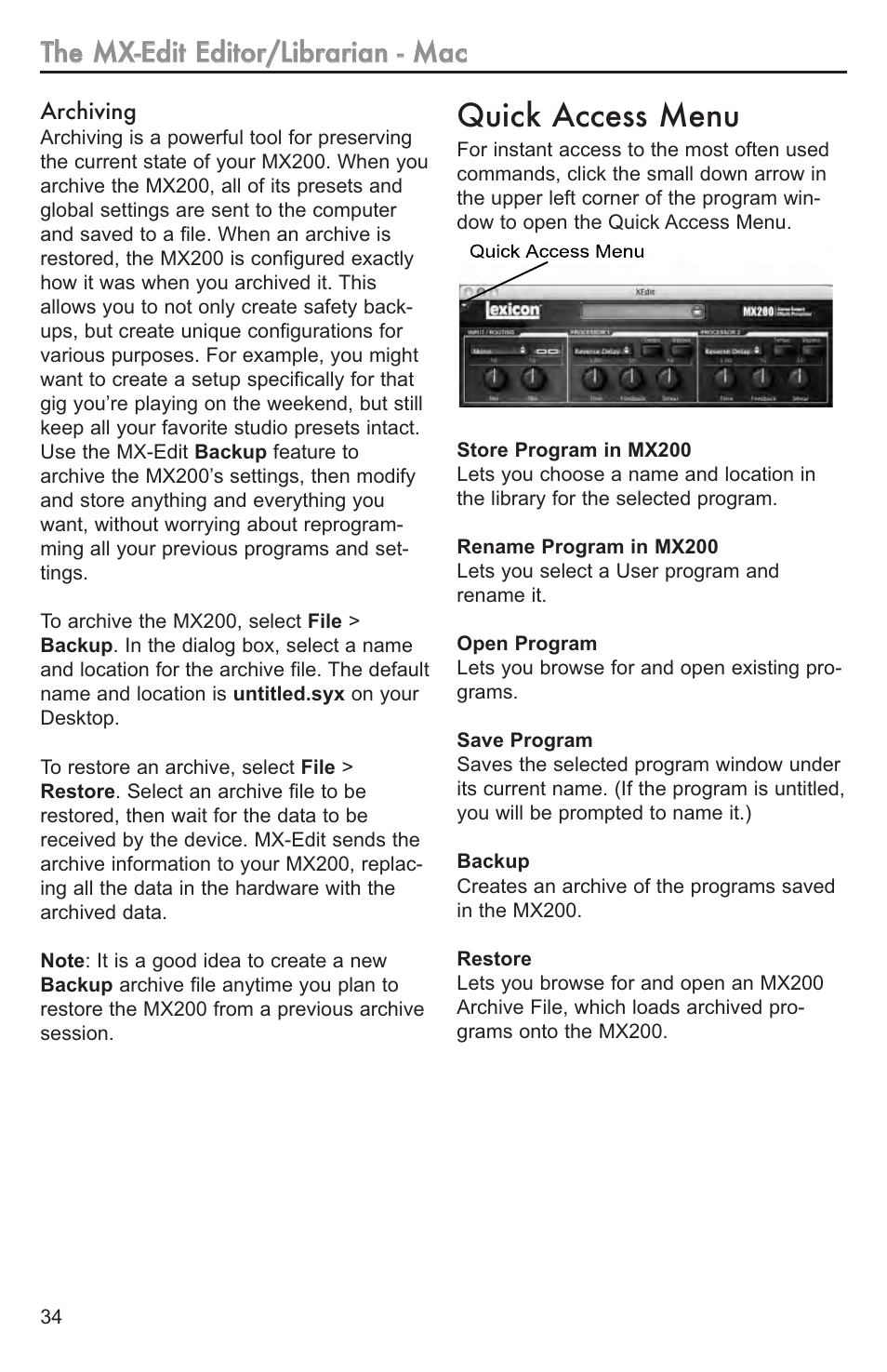 Using the mx200 as a hardwar, Installing the mx-edit vst h, Connecting the mx20 | Using the mx200 as a hardware plug-in, Installing the mx-edit vst hardware plug-in, Connecting the mx200, Quick access menu | Lexicon MX200 User Manual | Page 40 / 48