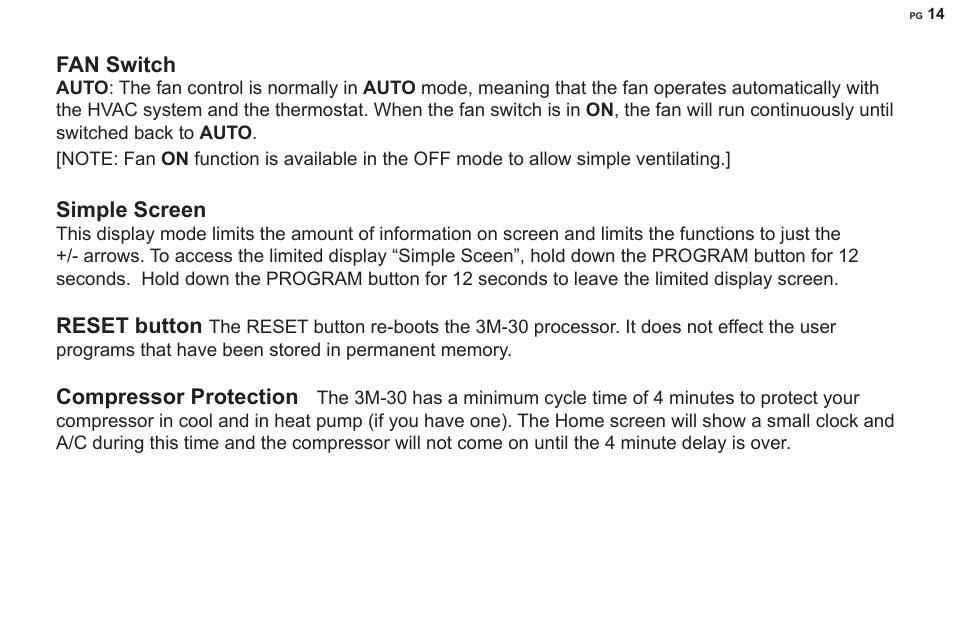 Fan switch, Simple screen, Reset button | Compressor protection | 3M 30 User Manual | Page 14 / 15