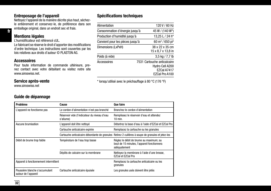 Fr entreposage de l’appareil, Mentions légales, Accessoires | Service après-vente, Spécifications techniques, Guide de dépannage | Air-O-Swiss AOS 7135 User Manual | Page 32 / 52