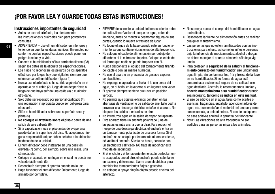 Por favor lea y guarde todas estas instrucciones, Es instrucciones importantes de seguridad | Air-O-Swiss AOS 7135 User Manual | Page 38 / 52