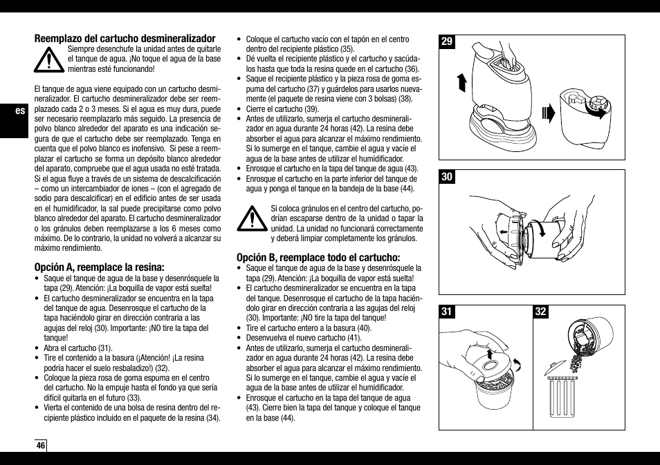 Es reemplazo del cartucho desmineralizador, Opción a, reemplace la resina, Opción b, reemplace todo el cartucho | Air-O-Swiss AOS 7135 User Manual | Page 46 / 52