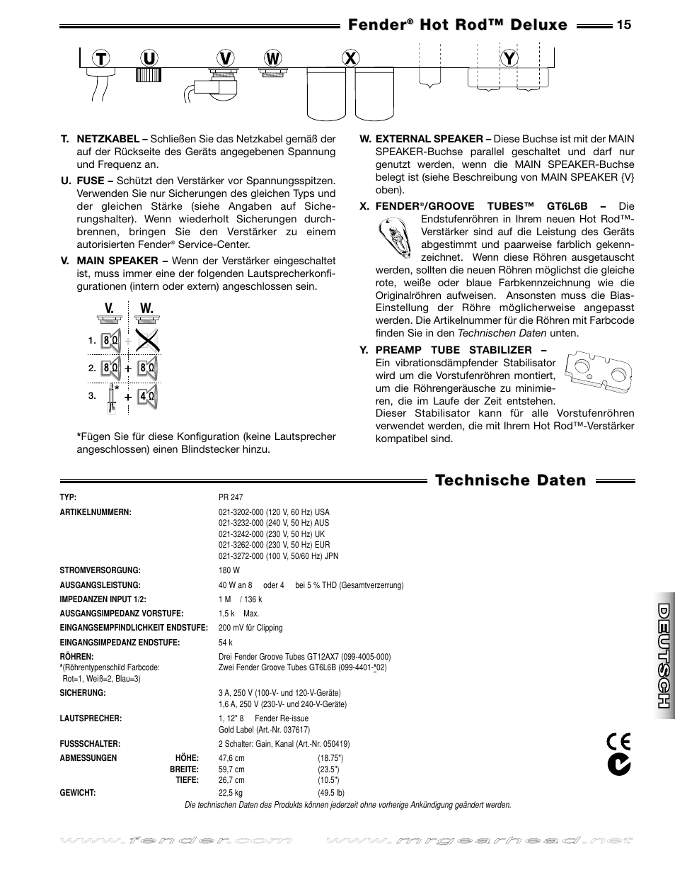 Technische daten echnische daten, Fender, Hot rod™ deluxe | Deutsch, Deutsch it aliano it aliano fran, Ais fran, Ais esp añol esp añol english english, V. w | Fender Hot Rod Deluxe User Manual | Page 15 / 20