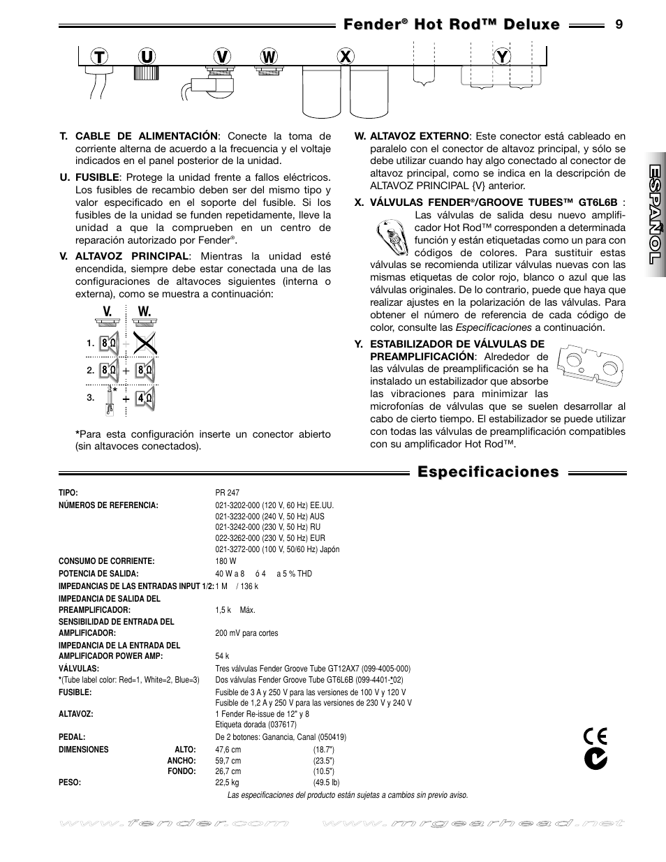 Especificaciones, Fender, Hot rod™ deluxe | Deutsch, Deutsch it aliano it aliano fran, Ais fran, Ais esp añol esp añol english english, V. w | Fender Hot Rod Deluxe User Manual | Page 9 / 20
