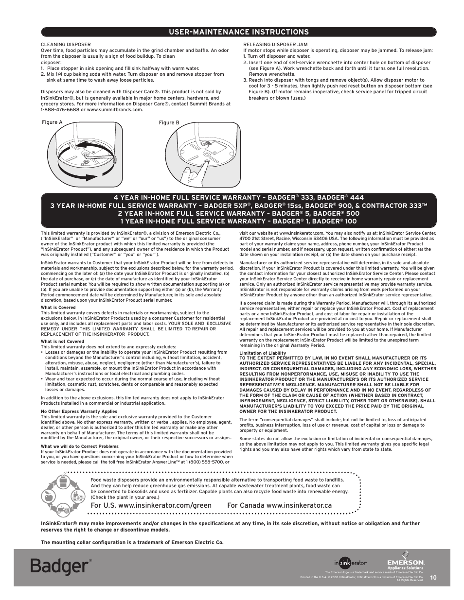 Badger, User-maintenance instructions | InSinkErator Badger 5 User Manual | Page 10 / 14