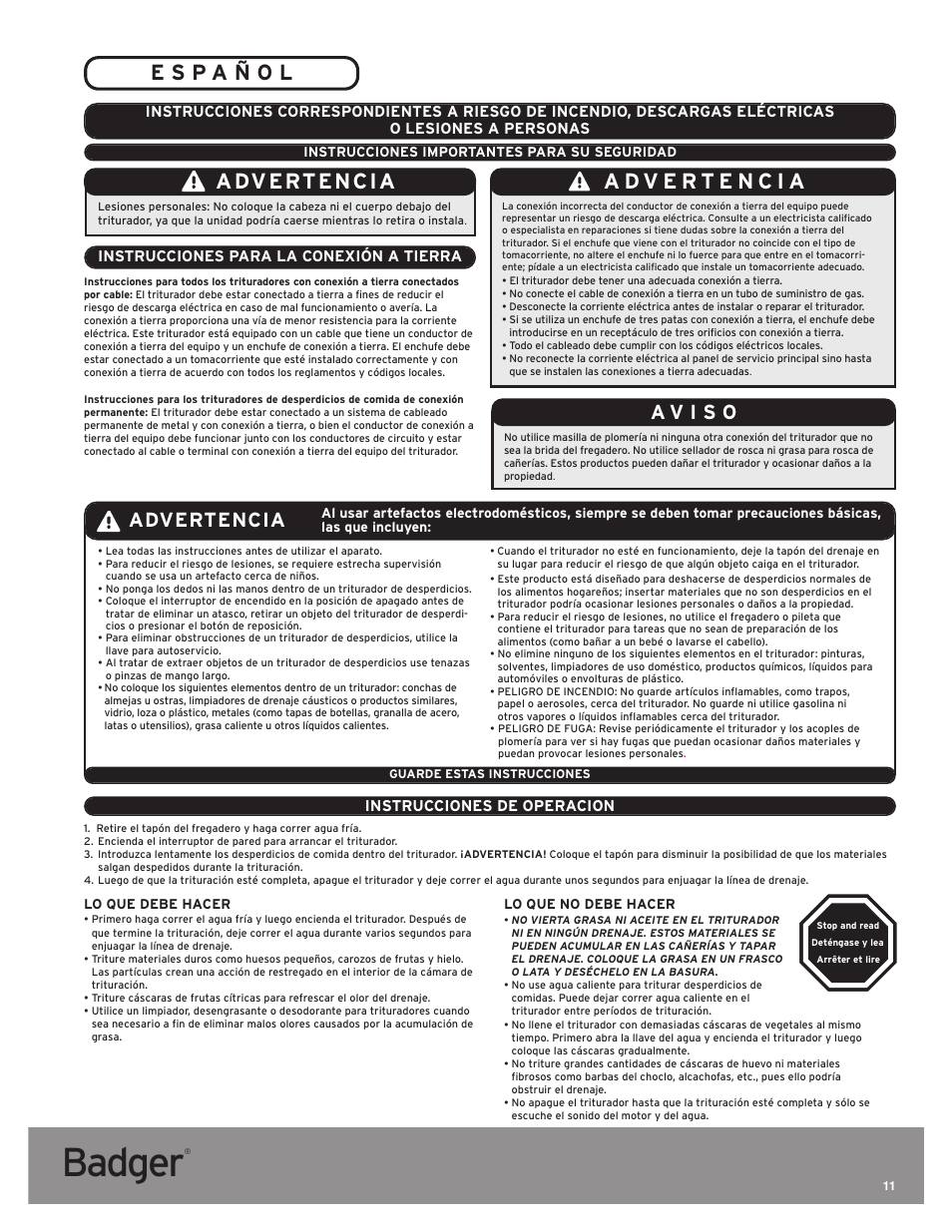 Badger, Advertencia, Instrucciones de operacion | Instrucciones para la conexión a tierra | InSinkErator Badger 5 User Manual | Page 11 / 14