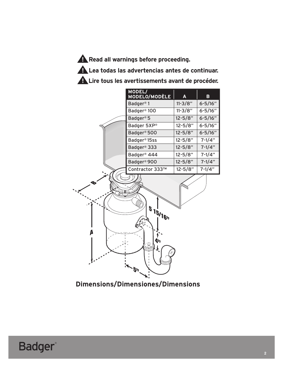 Badger, Dimensions/dimensiones/dimensions | InSinkErator Badger 5 User Manual | Page 2 / 14