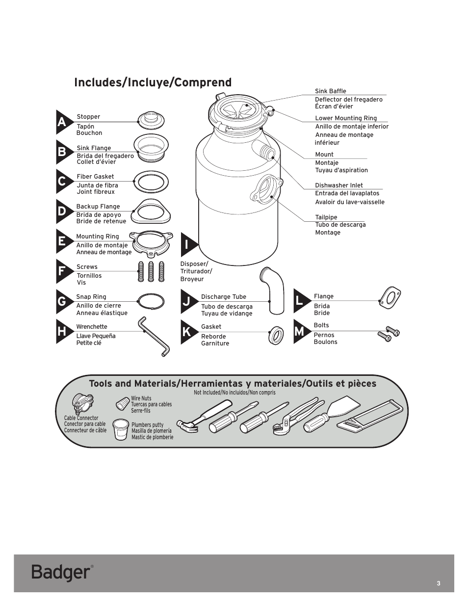 Badger, Includes/incluye/comprend | InSinkErator Badger 5 User Manual | Page 3 / 14