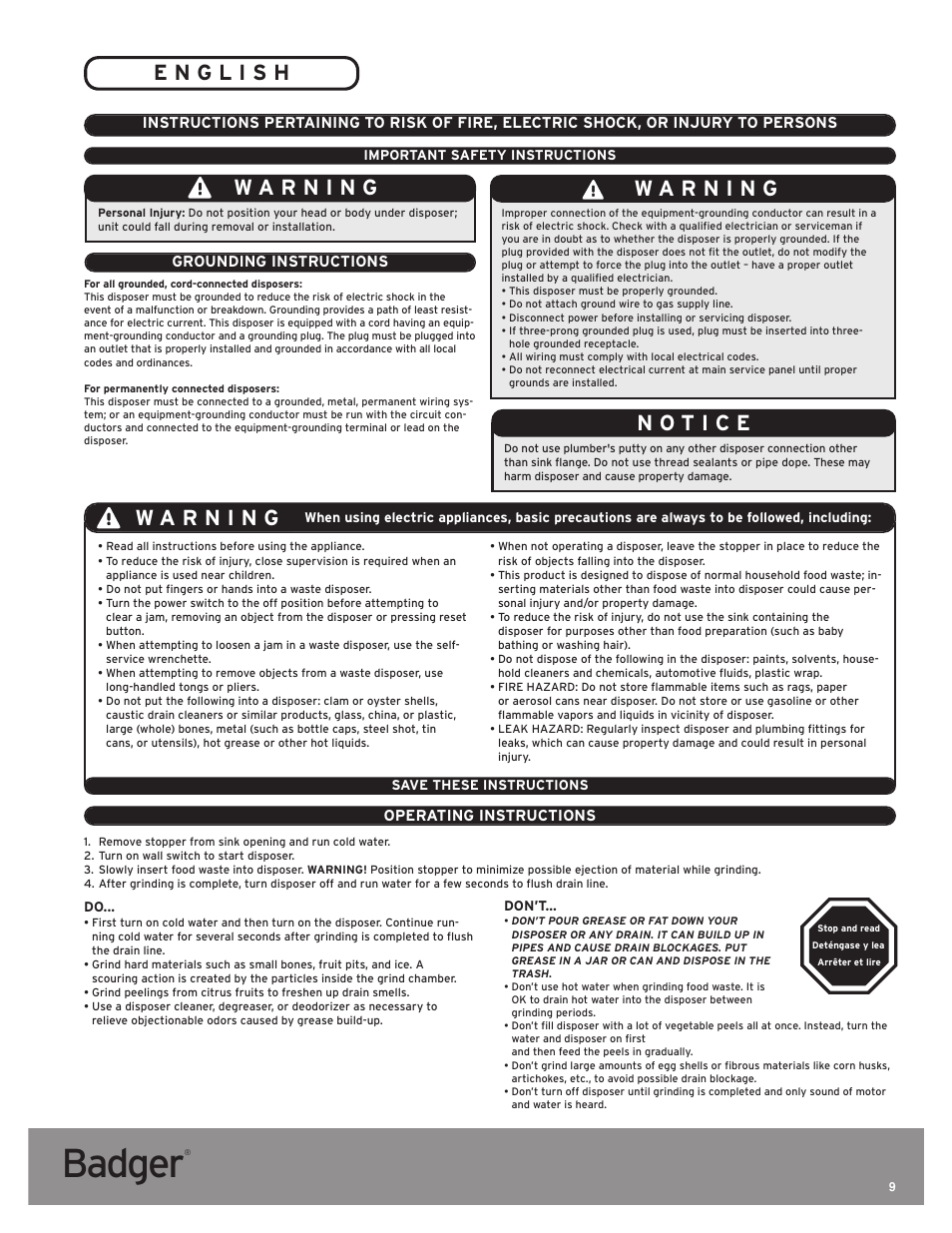 Badger, Operating instructions, Grounding instructions | InSinkErator Badger 5 User Manual | Page 9 / 14