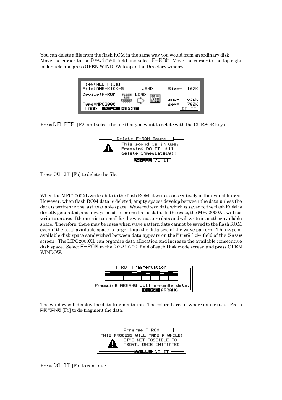 Deleting data from flash rom, Flash rom fragmentation | Akai MPC 2000xl User Manual | Page 186 / 208