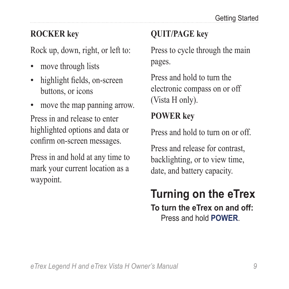 Turning on the etrex | Garmin eTrex Legend H User Manual | Page 11 / 68
