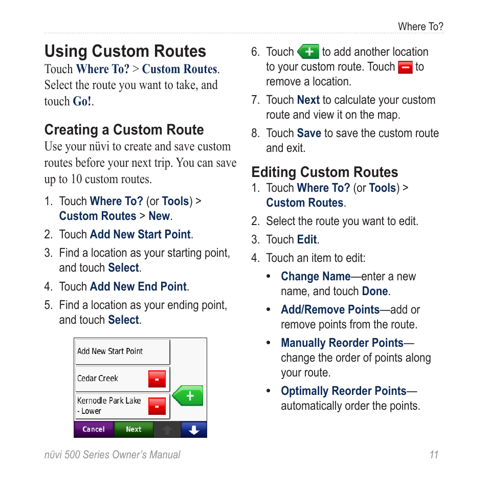Using custom routes, Creating a custom route, Editing custom routes | Garmin nuvi 500 User Manual | Page 17 / 58