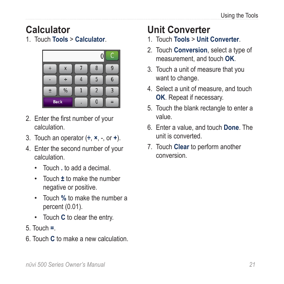 Calculator, Unit converter | Garmin nuvi 500 User Manual | Page 27 / 58