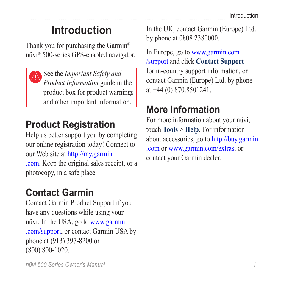 Introduction, Product registration, Contact garmin | More information | Garmin nuvi 500 User Manual | Page 3 / 58