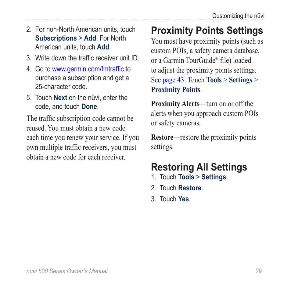 Proximity points settings, Restoring all settings | Garmin nuvi 500 User Manual | Page 35 / 58