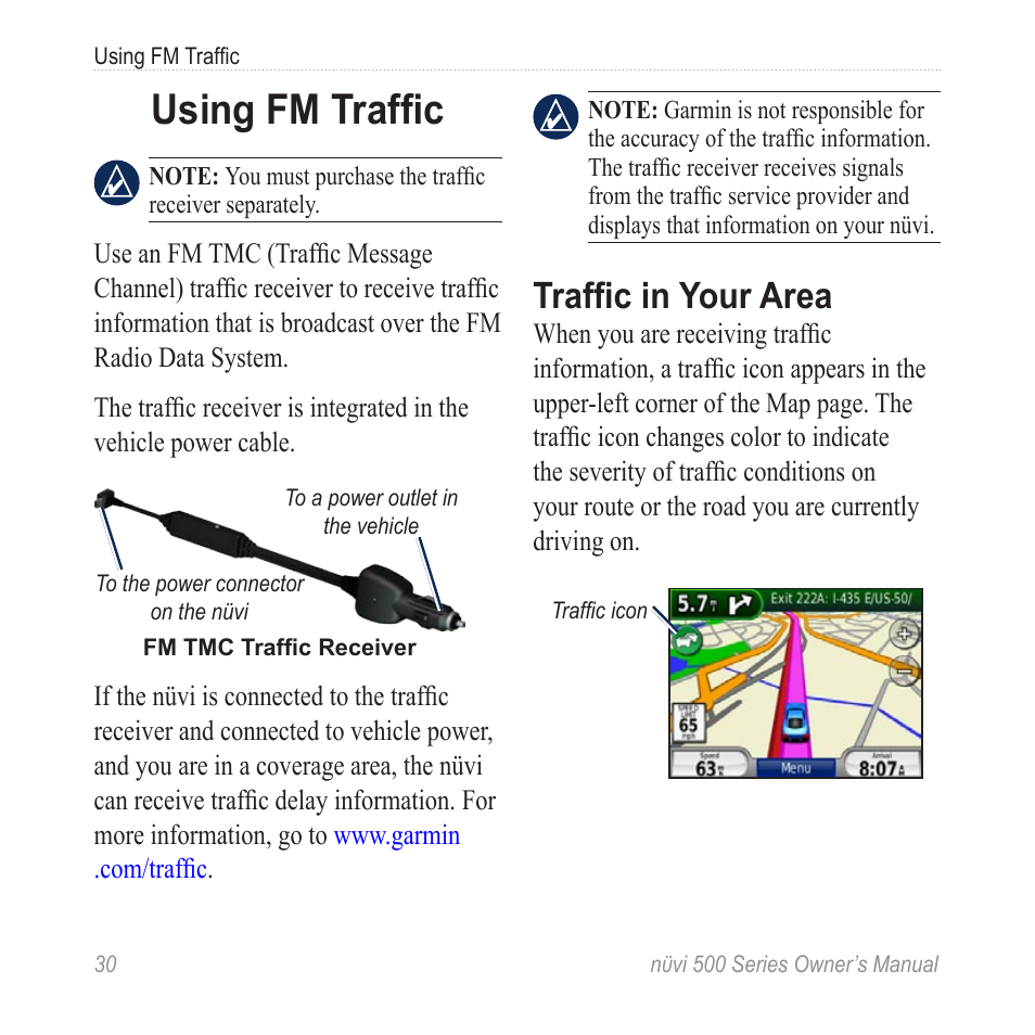 Using fm traffic, Traffic in your area | Garmin nuvi 500 User Manual | Page 36 / 58