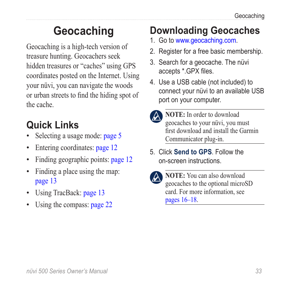 Geocaching, Quick links, Downloading geocaches | Garmin nuvi 500 User Manual | Page 39 / 58