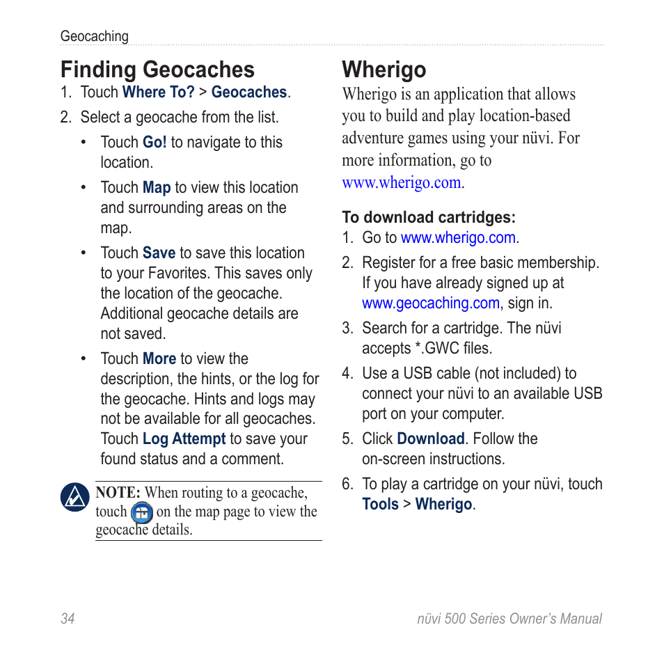 Finding geocaches, Wherigo | Garmin nuvi 500 User Manual | Page 40 / 58
