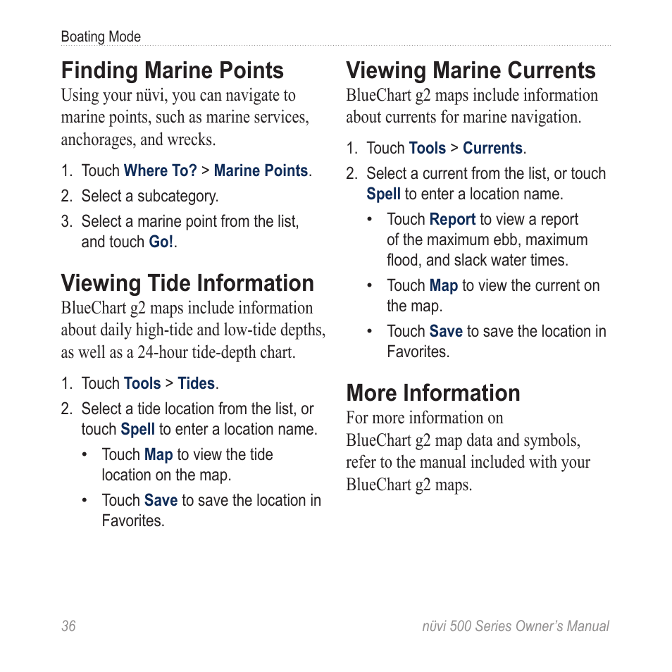 Finding marine points, Viewing tide information, Viewing marine currents | More information | Garmin nuvi 500 User Manual | Page 42 / 58