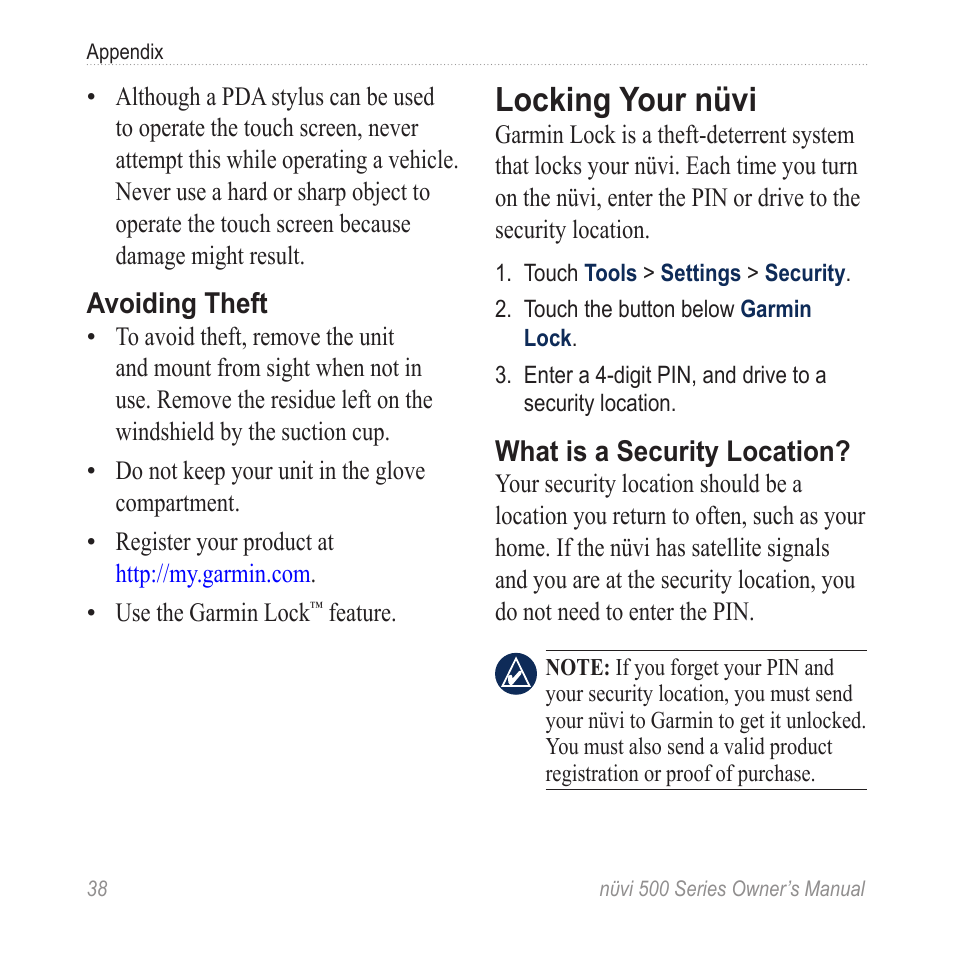 Locking your nüvi | Garmin nuvi 500 User Manual | Page 44 / 58