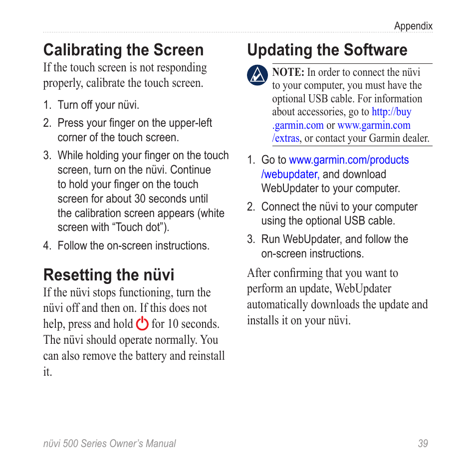 Calibrating the screen, Resetting the nüvi, Updating the software | Garmin nuvi 500 User Manual | Page 45 / 58