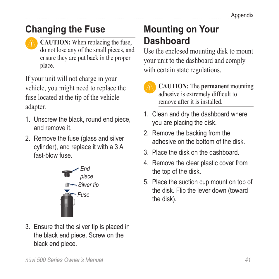Changing the fuse, Mounting on your dashboard | Garmin nuvi 500 User Manual | Page 47 / 58