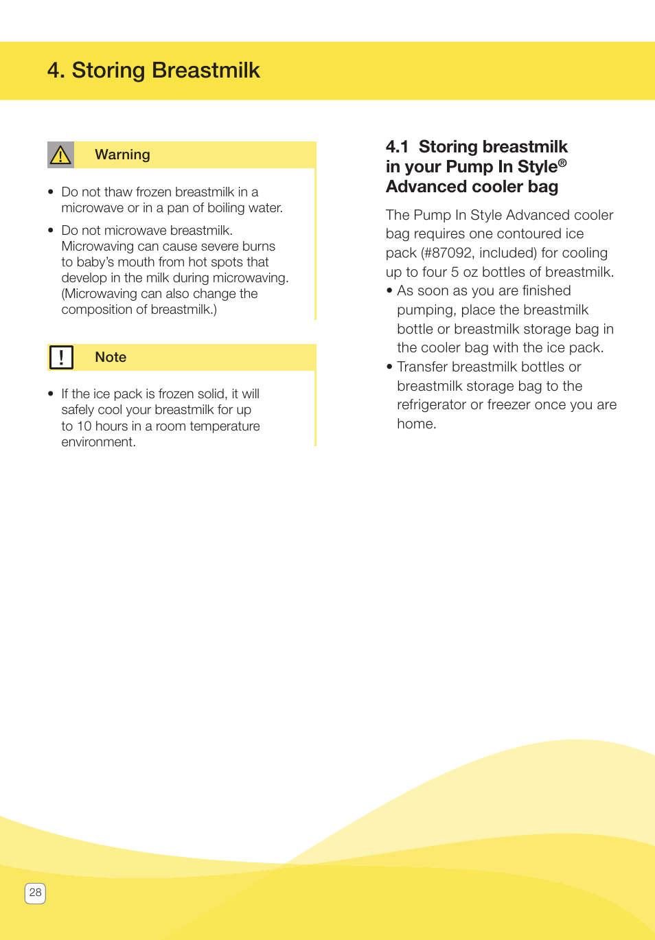 Storing breastmilk, 1 storing breastmilk in your pump in style, Advanced cooler bag | Medela Pump In Style User Manual | Page 28 / 100