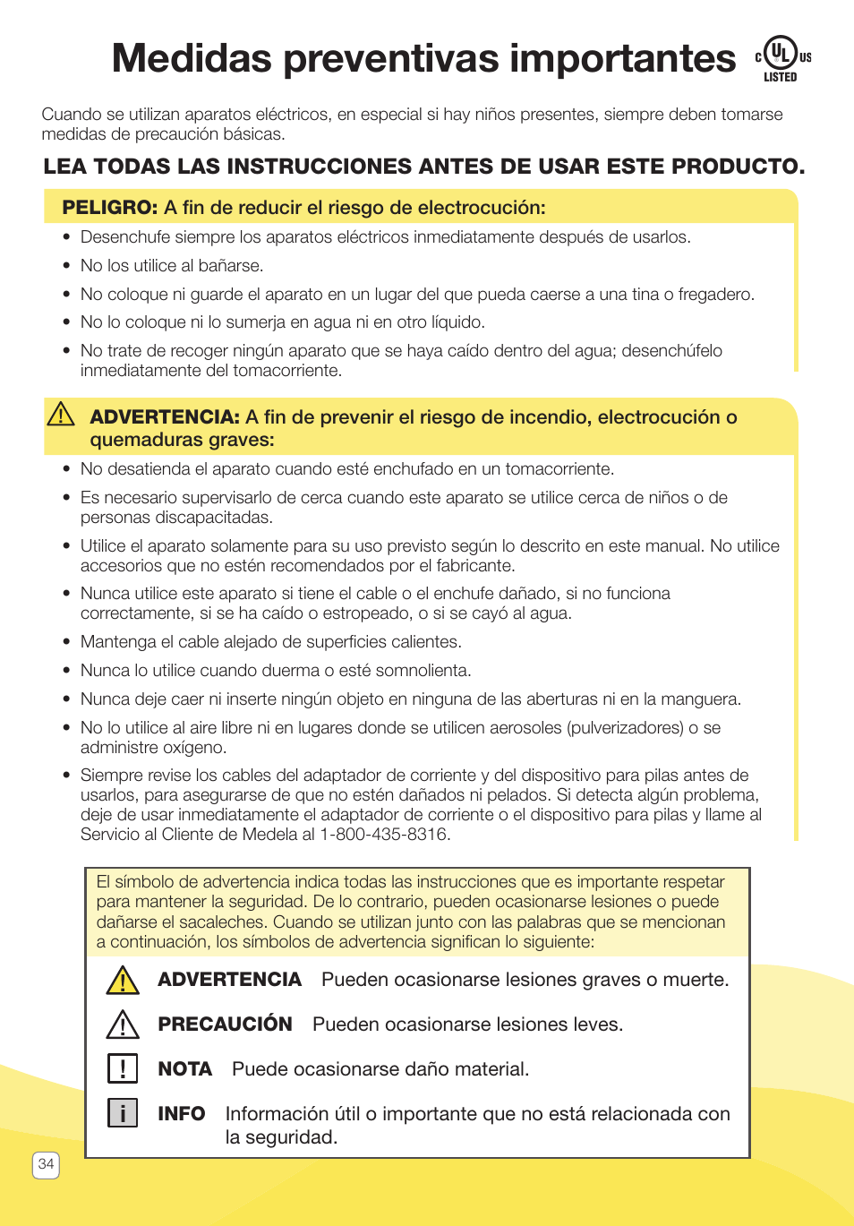 Medidas preventivas importantes | Medela Pump In Style User Manual | Page 34 / 100
