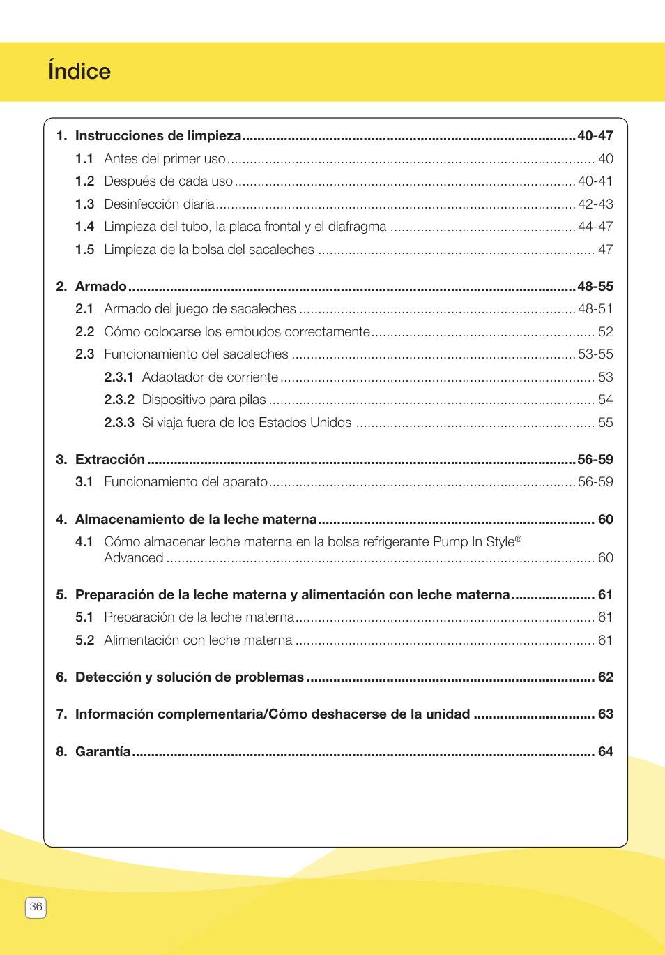 Índice | Medela Pump In Style User Manual | Page 36 / 100